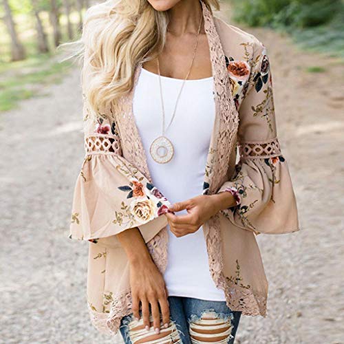 Cardigans Mujer Flores 2019 Nuevo SHOBDW Pareos Casual Cardigans Mujer Kimono Manga 3/4 Tops Blusa Camisa de Protección Solar Verano Cover Up Playa Mujer(Caqui,S)
