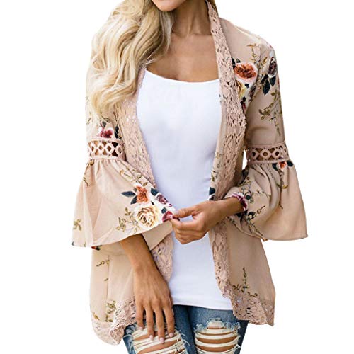 Cardigans Mujer Flores 2019 Nuevo SHOBDW Pareos Casual Cardigans Mujer Kimono Manga 3/4 Tops Blusa Camisa de Protección Solar Verano Cover Up Playa Mujer(Caqui,S)