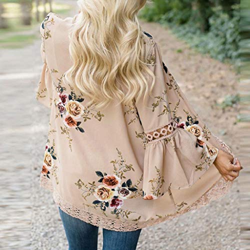 Cardigans Mujer Flores 2019 Nuevo SHOBDW Pareos Casual Cardigans Mujer Kimono Manga 3/4 Tops Blusa Camisa de Protección Solar Verano Cover Up Playa Mujer(Caqui,S)