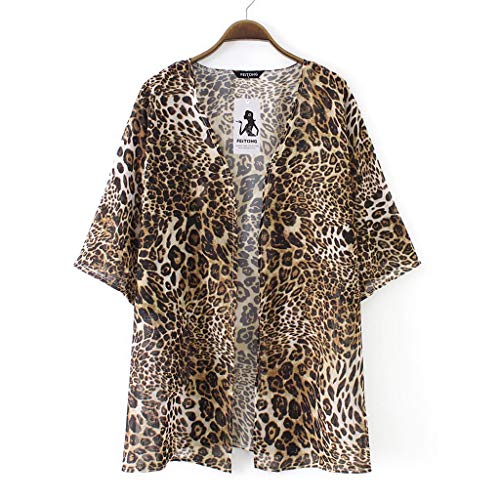 Cardigans Mujer Kimono 2019 Nuevo SHOBDW Pareos Casual Cover Up Bikini Playa de Verano Estampado de Leopardo Suelto Media Manga Chal Cardigans Mujer Tallas Grandes S-XXXL(Marrón 2,S)