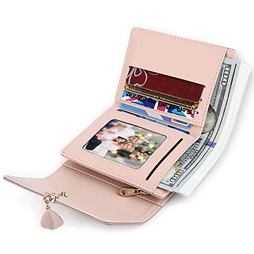Cartera de Mujer - UTO Monedero Corto Adorno Hoja Colgante Cartera Minimalista con Bolsillo de Cremallera para Monedas Pale Mauve_