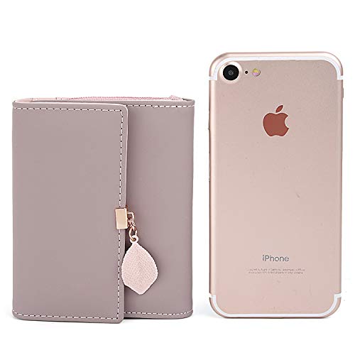 Cartera de Mujer - UTO Monedero Corto Adorno Hoja Colgante Cartera Minimalista con Bolsillo de Cremallera para Monedas Pale Mauve_