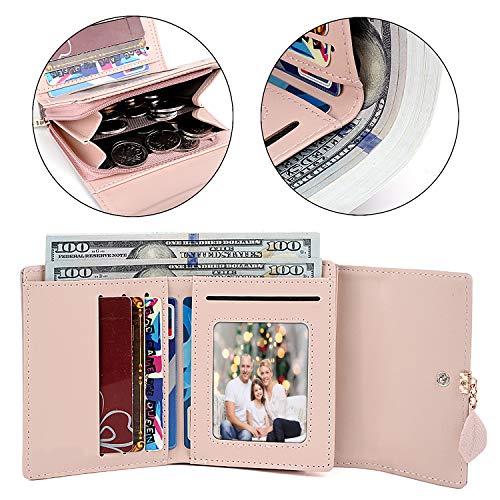 Cartera de Mujer - UTO Monedero Corto Adorno Hoja Colgante Cartera Minimalista con Bolsillo de Cremallera para Monedas Pale Mauve_