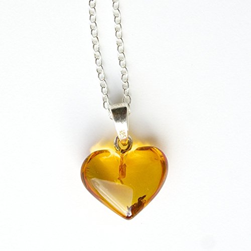 Collar de cadena de plata de ley 925 de 18 pulgadas con colgante de corazón de ámbar