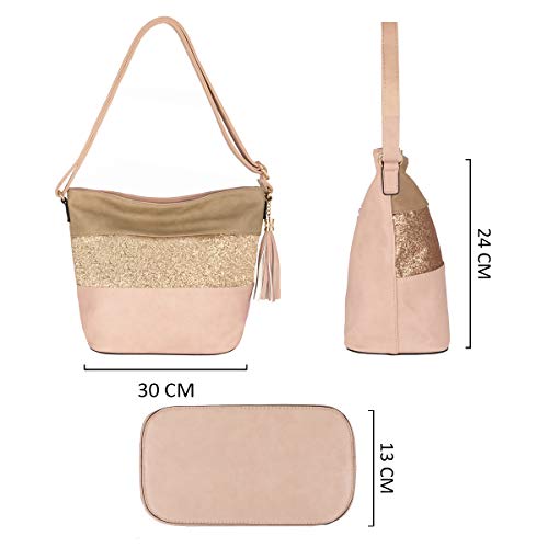 CRAZYCHIC - Bolso Bandolera Lentejuelas Mujer - Bolsos Hombro Cuero PU - Crossbody Messenger Multicolor Rayas - Bolso del Cubo - Cartera de Mano Fiesta Noche Elegante Moda - Rosa