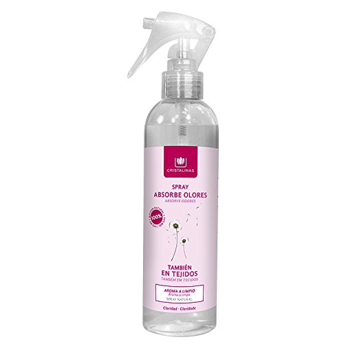 CRISTALINAS. Ambientador & Absorbe Olor. Spray Pulverizador. Difusor Natural. 100% sin GAS. Ideal para usar en : Tejidos, Cocina, Zona de Mascotas, Tabaco o Baño. Capacidad: 280 ml. Aroma A limpio