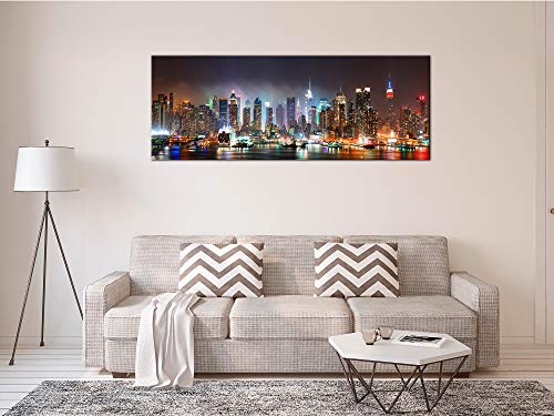 Declina - Cuadro de Paisaje Moderno, decoración de Pared, Cuadro Paisaje de Colores Vivos, Cuadro Decorativo Panorama Nueva York by Night 80 x 30 cm, Lona, 120x50 cm