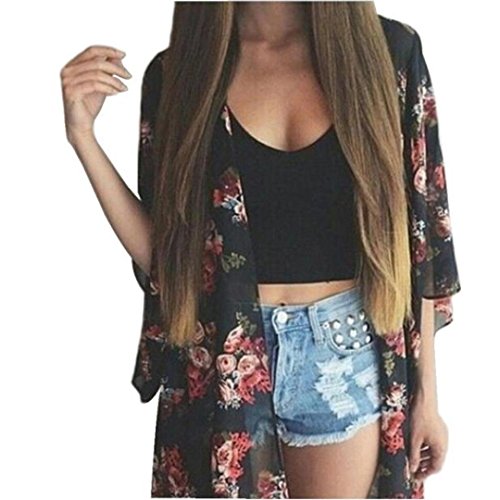 DEELIN Summer Women Floral Printed Chiffon Kimono Cardigan Shawl Blouse Tops Cover Up (XL, Negro)