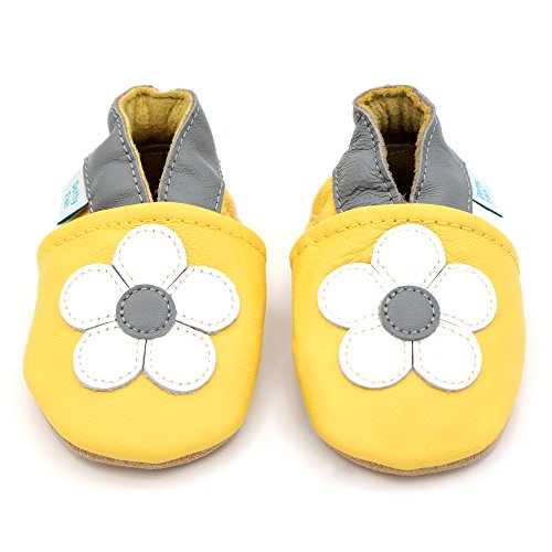 Dotty Fish Zapatos de Cuero Suave para bebés. Antideslizante. Flor Amarilla y Blanca. 2-3 Años (25 EU)