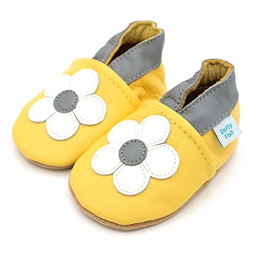Dotty Fish Zapatos de Cuero Suave para bebés. Antideslizante. Flor Amarilla y Blanca. 2-3 Años (25 EU)