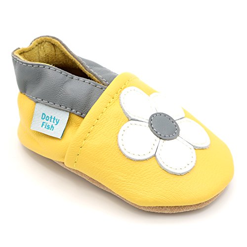 Dotty Fish Zapatos de Cuero Suave para bebés. Antideslizante. Flor Amarilla y Blanca. 2-3 Años (25 EU)