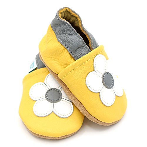 Dotty Fish Zapatos de Cuero Suave para bebés. Antideslizante. Flor Amarilla y Blanca. 2-3 Años (25 EU)