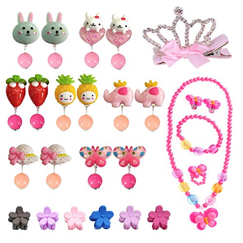 EQLEF Pendientes Clip niña, For Little Princess con Collar Pulsera Corona Pinzas para el Cabello Mini Garras para el Cabello, Kits de Joyas Lindas para Vestir a Las niñas (26 uds)