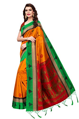 ETHNICMODE Women's Art Silk Kalamkari and Bhagalpuri Style Saree with Blouse Piece Free_Size Coconut Mustard