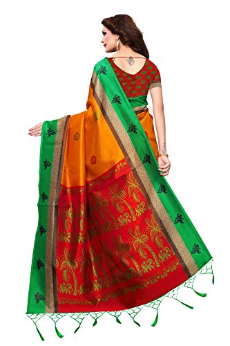 ETHNICMODE Women's Art Silk Kalamkari and Bhagalpuri Style Saree with Blouse Piece Free_Size Coconut Mustard