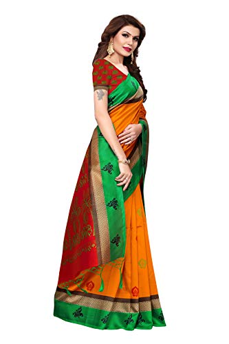 ETHNICMODE Women's Art Silk Kalamkari and Bhagalpuri Style Saree with Blouse Piece Free_Size Coconut Mustard