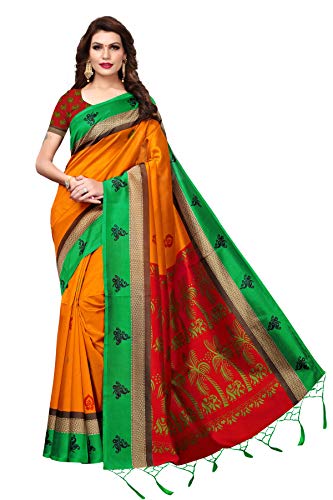 ETHNICMODE Women's Art Silk Kalamkari and Bhagalpuri Style Saree with Blouse Piece Free_Size Coconut Mustard