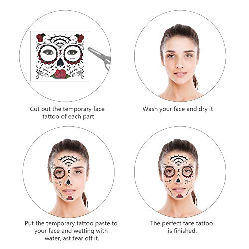 Etiqueta Temporal, KATOOM, 6pcs, Tatuaje Cara Carnaval, Diseño Cráneo con Gemas, Colorido Terror Adhesivas para Maquillaje en Baile de Disfraz a Carnaval, las fallas