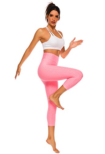FITTOO Mallas 3/4 Leggings Capris Mujer Pantalones Yoga Alta Cintura Elásticos Super Suave #1 Rosa M