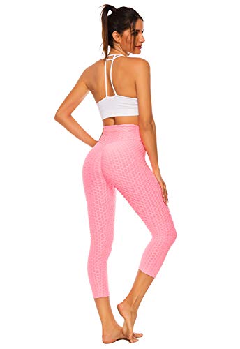 FITTOO Mallas 3/4 Leggings Capris Mujer Pantalones Yoga Alta Cintura Elásticos Super Suave #1 Rosa M