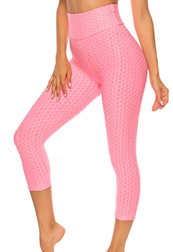 FITTOO Mallas 3/4 Leggings Capris Mujer Pantalones Yoga Alta Cintura Elásticos Super Suave #1 Rosa M