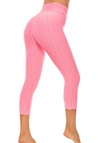 FITTOO Mallas 3/4 Leggings Capris Mujer Pantalones Yoga Alta Cintura Elásticos Super Suave #1 Rosa M