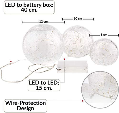 Gadgy ® Luces Bolas de Cristal Craquelado | Ø 8, 10,12 cm | Lamparas Decorativas de Interior | Guirnalda Luz LED Cálida | Funciona con Pilas | Luz Ambiente Tenue para Alumbrado Noche Habitacion