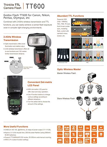 Godox ThinkLite TT600 2.4G Inalámbrico Flash Speedlite Maestro / Esclavo Flash con Construido-en Disparo Sistema para Canon Nikon Pentax Olympus Fujifilm Panasonic (TT600)