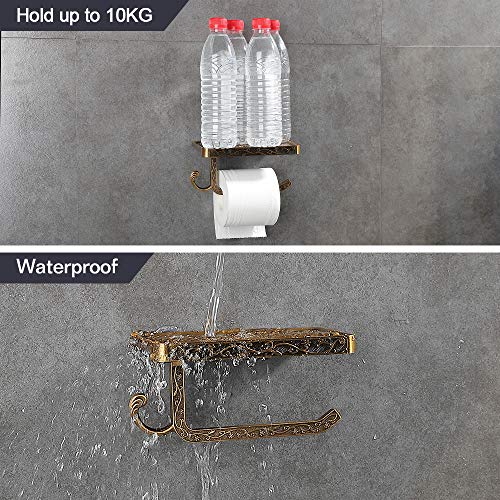 Gricol Portarrollos para Papel Higiénico Porta Rollos con Soporte para Teléfono Celular Toallero de Pared para Baño Estilo Retro Vintage (Dorado)