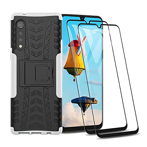 HAOTIAN Funda para LG Velvet Funda y 2 Cristal Templado, Carcasa [Tough Armor Series] Robusta Armadura Híbrida TPU/PC, Protector Interno TPU a Prueba de Golpes + Soporte Plegable. Blanco