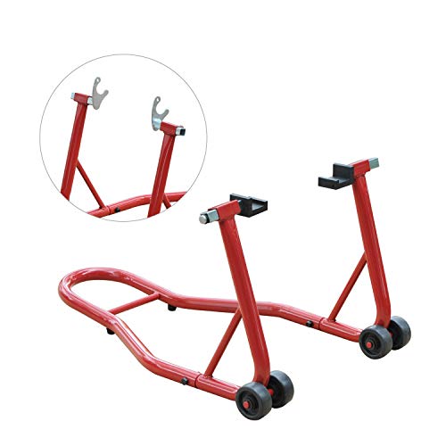 HOMCOM Caballete de Moto Soporte Posterior Universal Portátil y Móvil Tipo Elevador con 2 Horquillas y Ruedas 80x50x40cm Color Rojo y Material de Acero