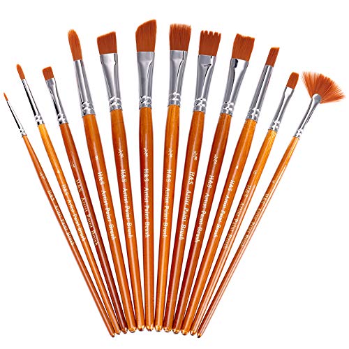 H&S [Conjunto de 12 Piezas] Pincel profesional para pintar con Punta plana y redonda para acrílico, pintura al óleo acuarela - Marrón