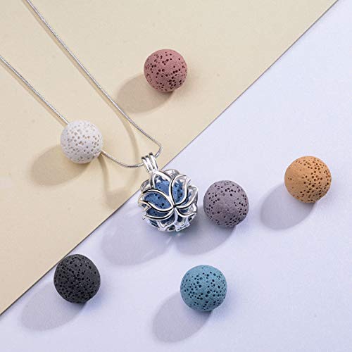 INFUSEU Collar difusor de aceite esencial de aromaterapia para mujer, difusor de perfume de loto, 14 mm, colgante con 6 piedras de lava y cadena de 61 cm, regalos para dama