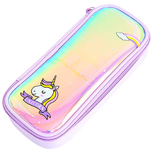 INTVN Estuche Escolar Unicornio, Estuche de Lápices , Bolso de Almacenamiento Transparente para Estudiantes, Púrpura
