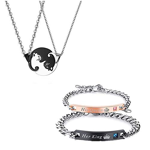 JewelryWe Pulseras para Parejas,Pulseras King Queen para Mujer, Colgante de Gatos para Hombre,Regalos Originales de San Valentin