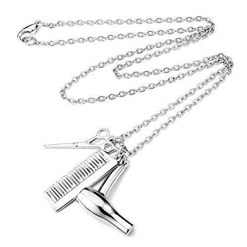 Jovivi - Colgante de aleación de metal con cadena, secador de pelo, tijeras, peine plateado