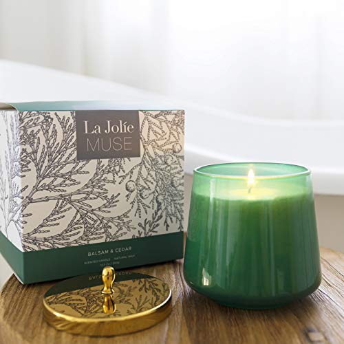 La Jolíe Muse Vela perfumada con bálsamo y Cedro, 100% Vela Natural para el hogar, 65-75 Horas de duración, Tarro de Vidrio Ovalado, 12,3 oz / 350g