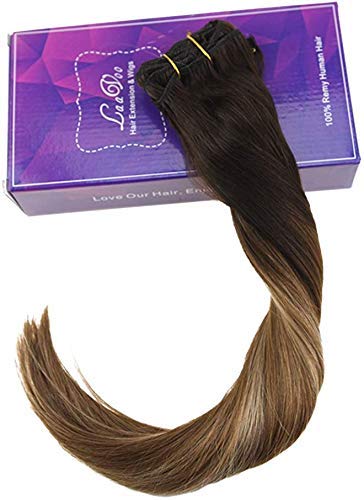 LaaVoo 22 Pulgadas 7 Pieza Extensiones de Cabello Natural Clip Remy Brasilieno Pelo Colores Marron Oscuro a Marron Medio #6 y Rubio Ceniza #18 Extensiones de Clip Lisas 120 Gramos