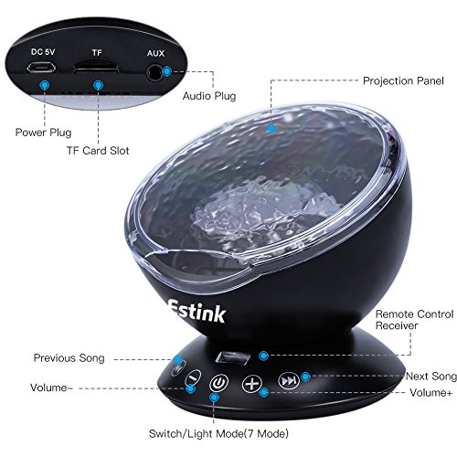 Lámpara Proyector Océano Ola LED Luz Noche Giratoria Reproductor de Música Mando a Distancia para Dormitorio de Niños, Fiestas, Regalos y Decoración del Hogar