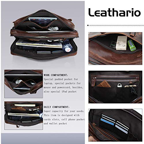 Leathario Maletín de Hombre de Piel para Portátil 14 Pulgadas Bolso Bandolera de Cuero para Mensajero Diseñado para Negocio Color Rojo Marron