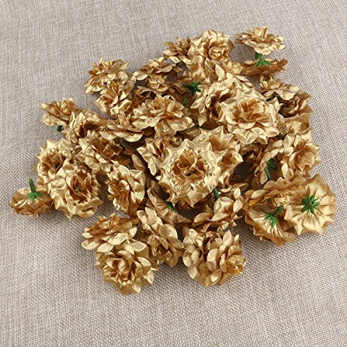 Luoem - Flor artificial dorada, de seda: Cabezas de rosas para decorar bodas, sombreros, vestidos, álbumes; en paquete de 50 unidades