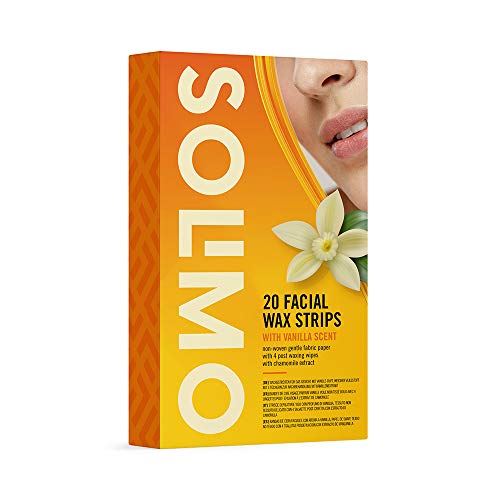 Marca Amazon - Solimo - Bandas de cera faciales con aroma de vainilla con 4 toallitas posdepilación (4x20 bandas de cera)