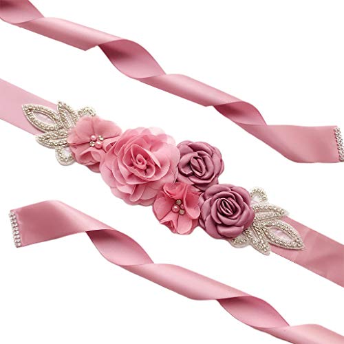 MIKI-Z 270x4cm Mujeres Vestido de Boda Nupcial Cintura Faja cinturón Artificial Flor Rosa Diamantes de imitación Hechos a Mano Abalorios Dama de Honor Fiesta Pretina