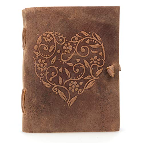 Moonster Cuaderno de Cuero Genuino para Mujer – Diario de Escritura Hecho a Mano con Corazón Gravado – Diario de Cuero para Dibujar y Escribir – El Cuaderno de Viaje de Tamaño Perfecto 20x15 cm