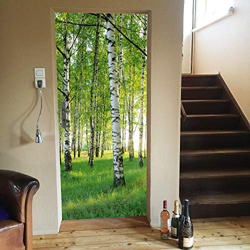murimage Papel Pintado Puerta Bosque 3D 86 x 200 cm Incluye Pegamento Madera Plantas Abedules Árboles Sol Habitación Fotomurales Pared