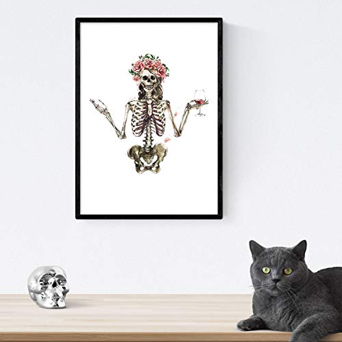 Nacnic Lámina Esqueleto Chica con Vino y Flores. Posters con imágenes de Calaveras. Tamaño A3 sin Marco