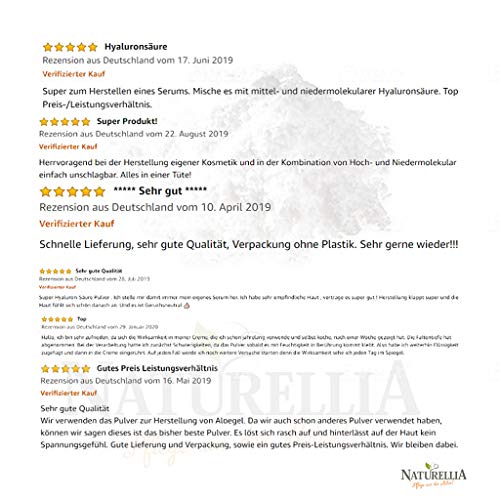 Naturellia Acido Hialuronico 20g - 10 Gramos 50 kDalton Bajo Peso + 10 Gramos 1500k Dalton Alto Peso Molecular Para el Efecto de Superficie