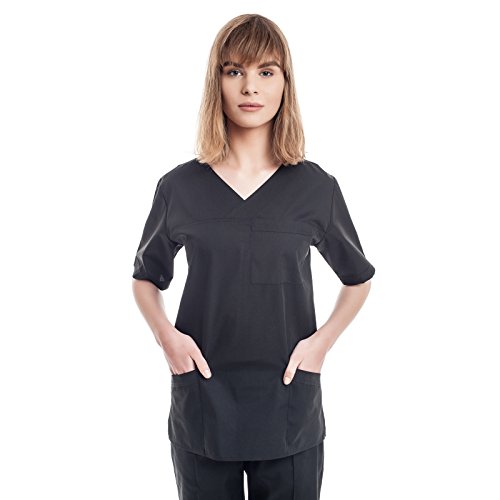 Negro Uniformes Sanitario Pijama Mujer - 7 Tamaños A Medida Xs-3xl - Úsalo como Medico, Enfermera, Peluqueria, Veterinario, SPA, Fisioterapeuta Uniforme O De Trabajo Limpieza, Casaca Estetica Ropa