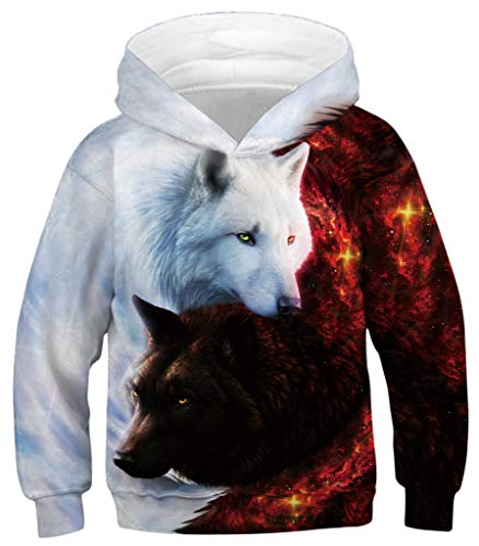 Ocean Plus Niños Sudaderas con Capucha Cool Pullover para Niños Niñas Adolescente Camiseta de Manga Larga (M (Altura: 135-140cm), Ángel y Diablo Doble Lobo)