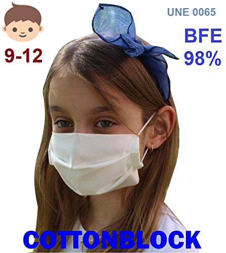 Pack 5x Mascarilla Higiénica Reutilizable UNE 0065 Tela 100% Algodón - Niño 9-12 años M - BFE 98% - Lavable - Premium - Homologada en España - Cottonblock
